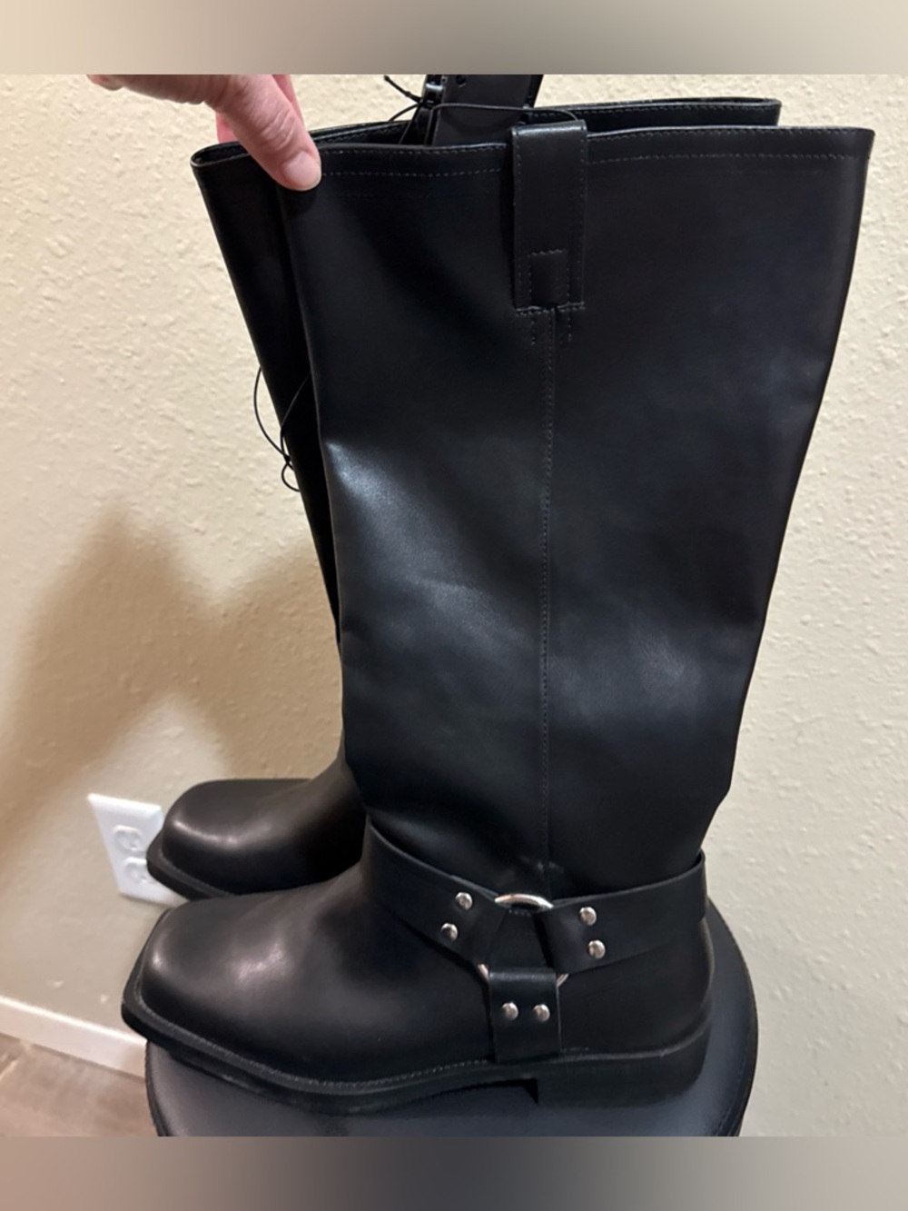 Moto Style Faux Black Leather Harness Boots